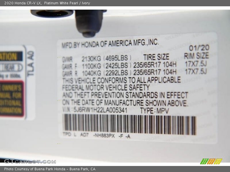 Platinum White Pearl / Ivory 2020 Honda CR-V LX