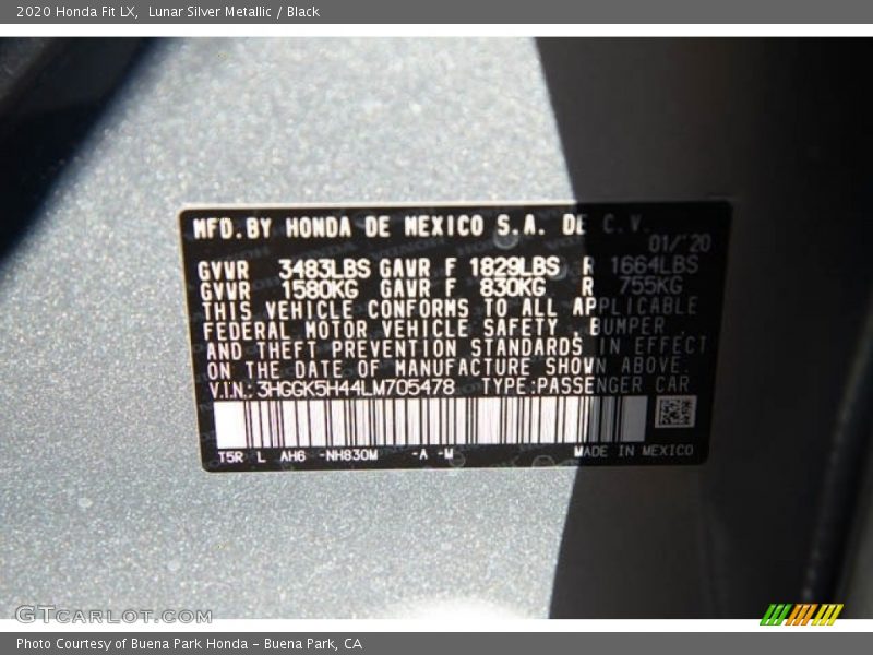 2020 Fit LX Lunar Silver Metallic Color Code NH830M