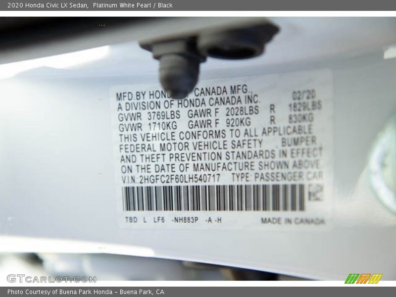 Platinum White Pearl / Black 2020 Honda Civic LX Sedan
