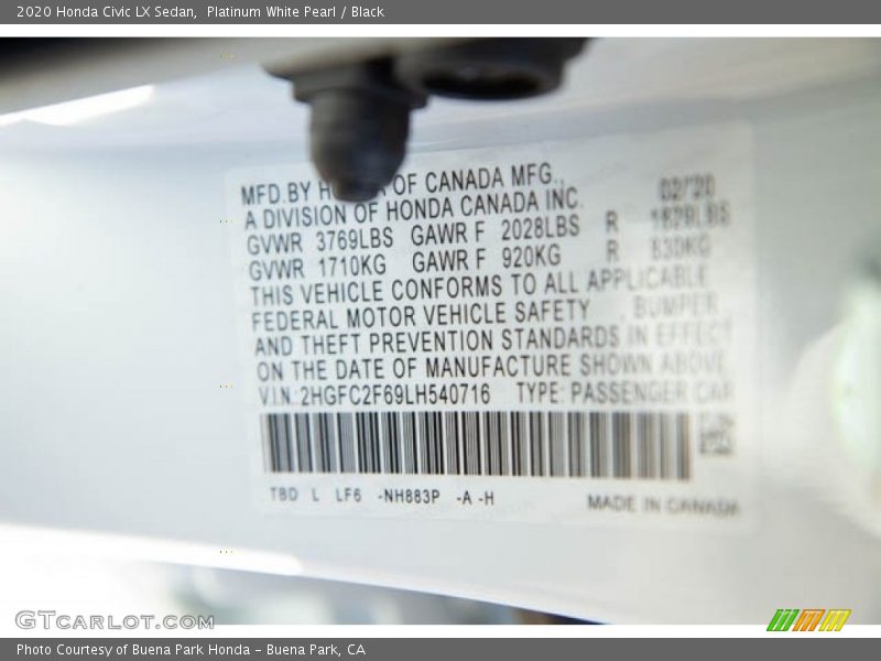 Platinum White Pearl / Black 2020 Honda Civic LX Sedan