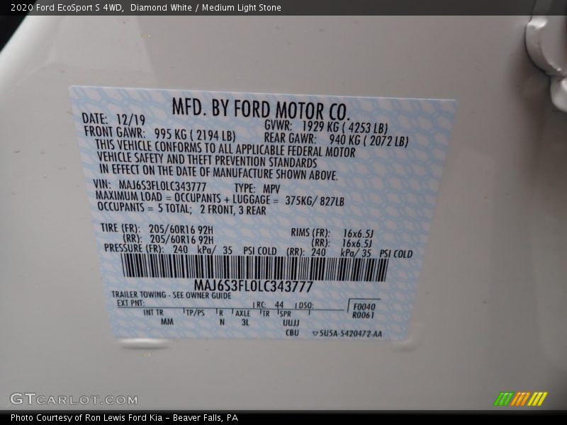 Diamond White / Medium Light Stone 2020 Ford EcoSport S 4WD