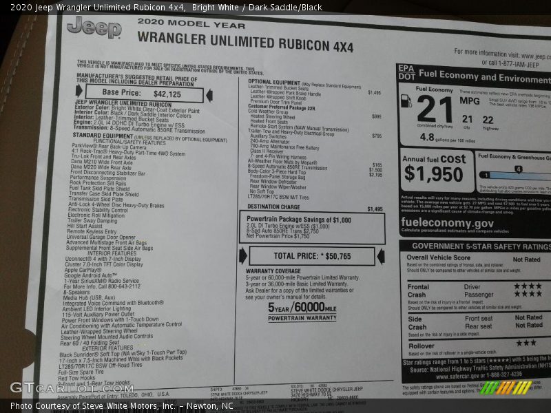  2020 Wrangler Unlimited Rubicon 4x4 Window Sticker
