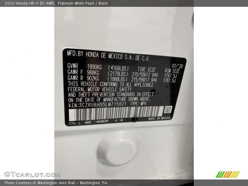 Platinum White Pearl / Black 2020 Honda HR-V EX AWD