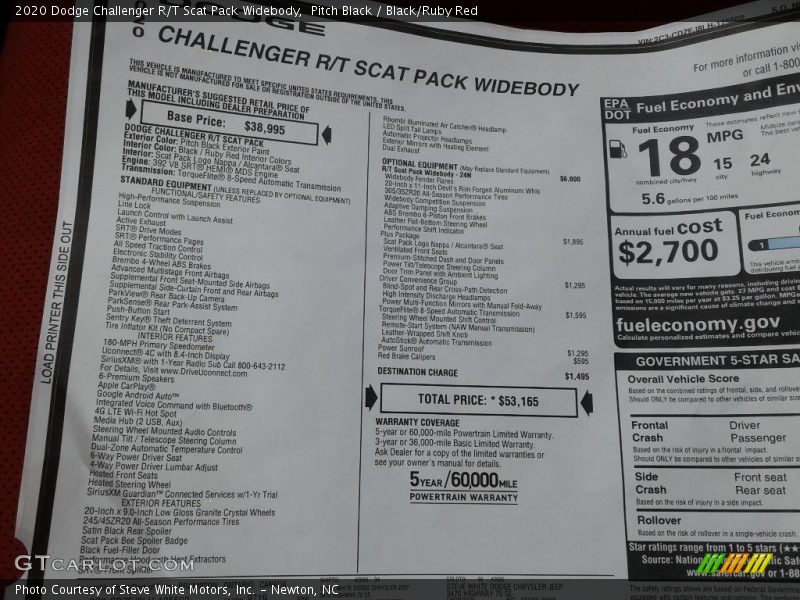  2020 Challenger R/T Scat Pack Widebody Window Sticker