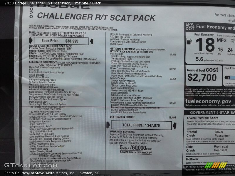  2020 Challenger R/T Scat Pack Window Sticker
