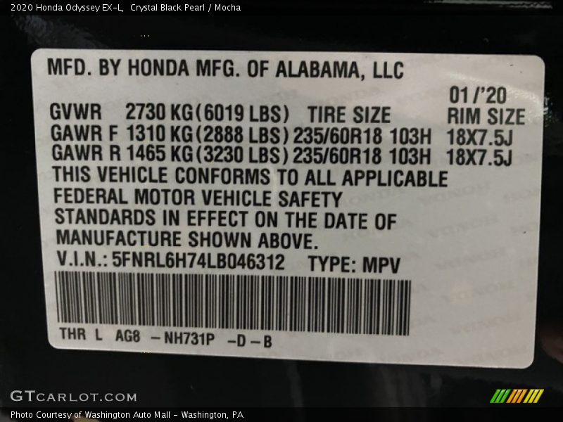 Crystal Black Pearl / Mocha 2020 Honda Odyssey EX-L
