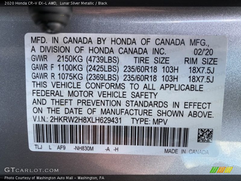 Lunar Silver Metallic / Black 2020 Honda CR-V EX-L AWD