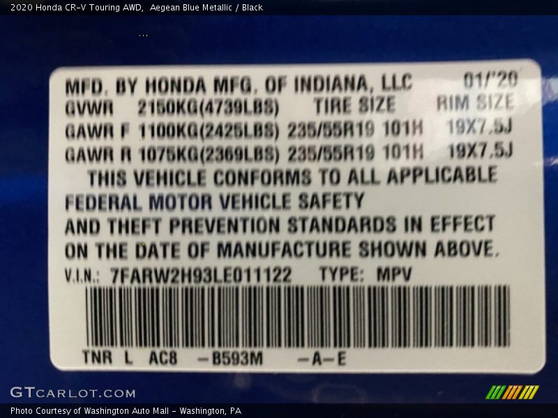 Aegean Blue Metallic / Black 2020 Honda CR-V Touring AWD