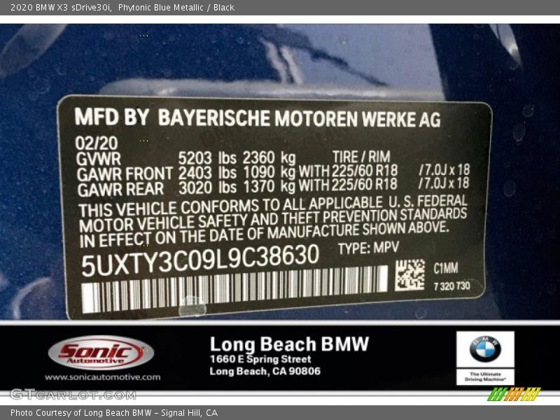 Phytonic Blue Metallic / Black 2020 BMW X3 sDrive30i