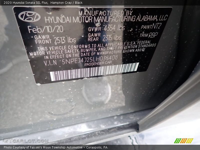 Hampton Gray / Black 2020 Hyundai Sonata SEL Plus