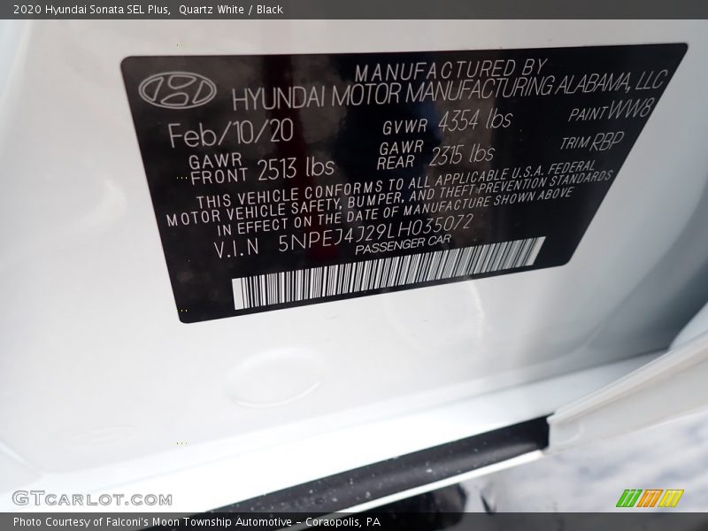 Quartz White / Black 2020 Hyundai Sonata SEL Plus