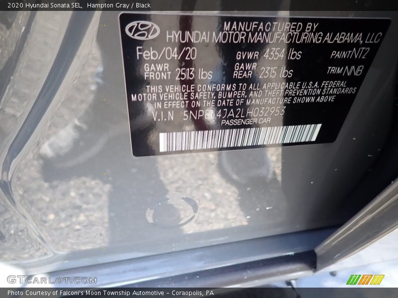 2020 Sonata SEL Hampton Gray Color Code NT2