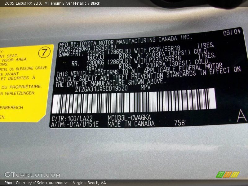 Millenium Silver Metallic / Black 2005 Lexus RX 330
