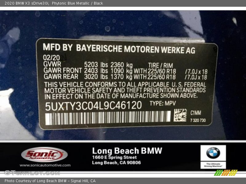 Phytonic Blue Metallic / Black 2020 BMW X3 sDrive30i