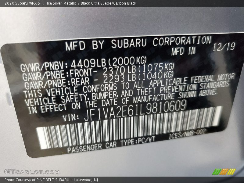 Ice Silver Metallic / Black Ultra Suede/Carbon Black 2020 Subaru WRX STI