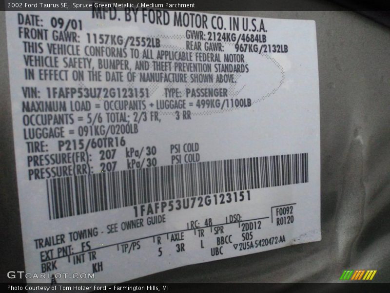 Spruce Green Metallic / Medium Parchment 2002 Ford Taurus SE