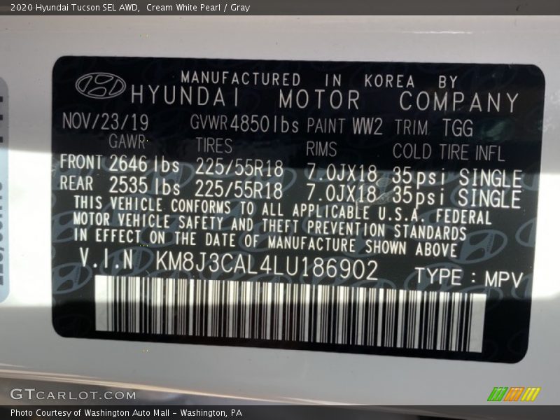 Cream White Pearl / Gray 2020 Hyundai Tucson SEL AWD
