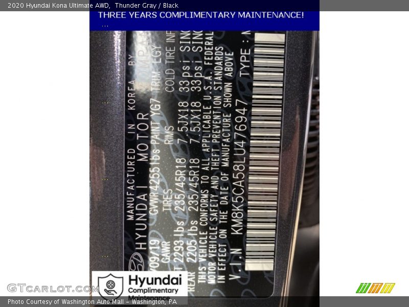 Thunder Gray / Black 2020 Hyundai Kona Ultimate AWD