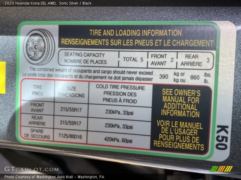 Sonic Silver / Black 2020 Hyundai Kona SEL AWD