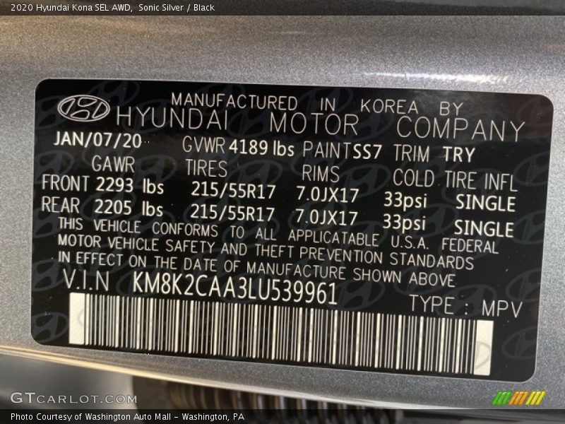 Sonic Silver / Black 2020 Hyundai Kona SEL AWD