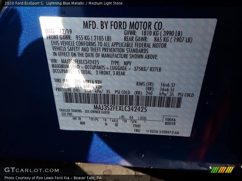 Lightning Blue Metallic / Medium Light Stone 2020 Ford EcoSport S