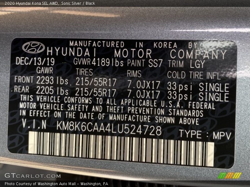 Sonic Silver / Black 2020 Hyundai Kona SEL AWD