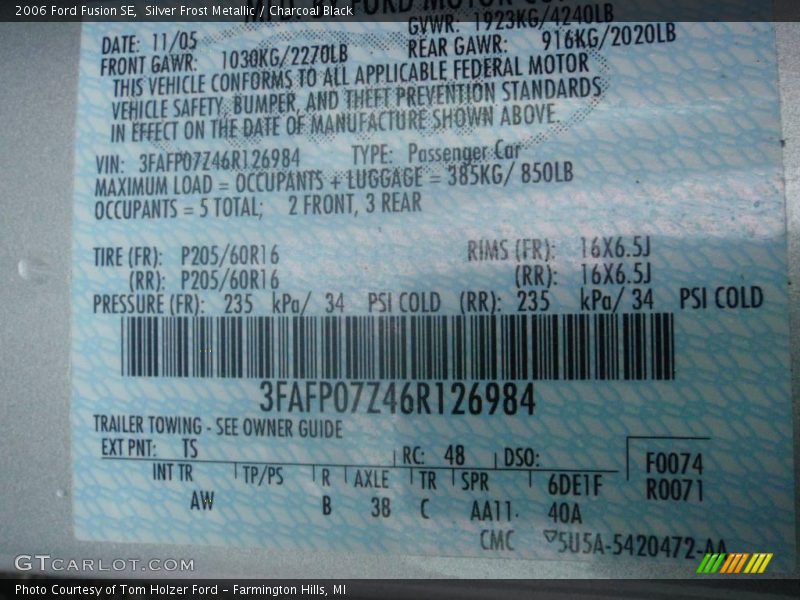 Silver Frost Metallic / Charcoal Black 2006 Ford Fusion SE