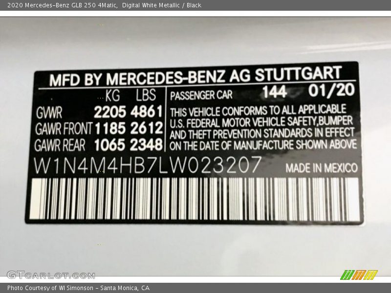 2020 GLB 250 4Matic Digital White Metallic Color Code 144
