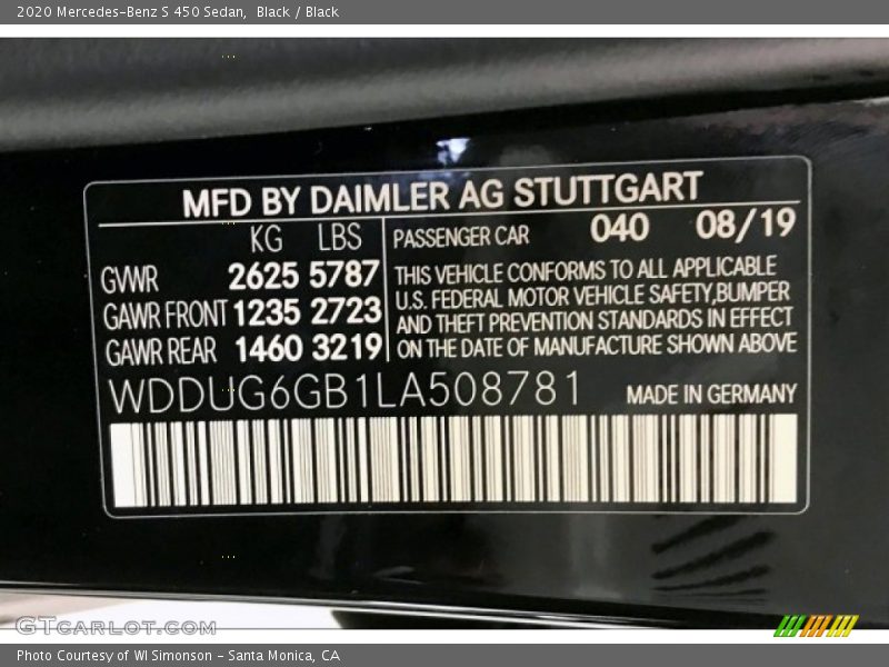 2020 S 450 Sedan Black Color Code 040