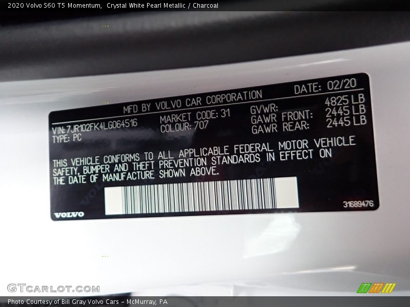 Crystal White Pearl Metallic / Charcoal 2020 Volvo S60 T5 Momentum