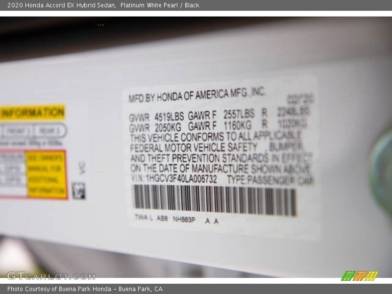 Platinum White Pearl / Black 2020 Honda Accord EX Hybrid Sedan