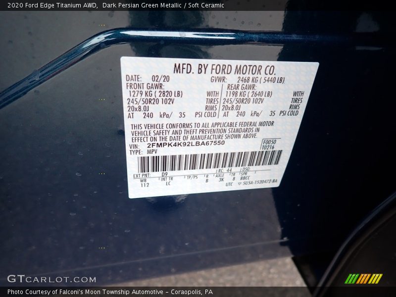 2020 Edge Titanium AWD Dark Persian Green Metallic Color Code D9