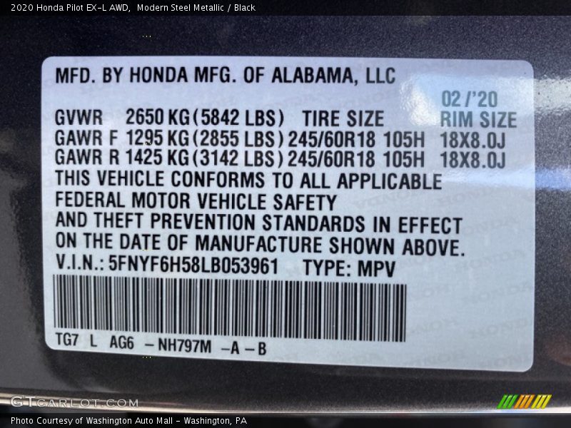 Modern Steel Metallic / Black 2020 Honda Pilot EX-L AWD