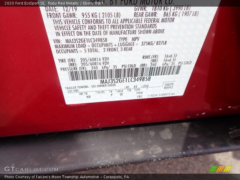 Ruby Red Metallic / Ebony Black 2020 Ford EcoSport SE