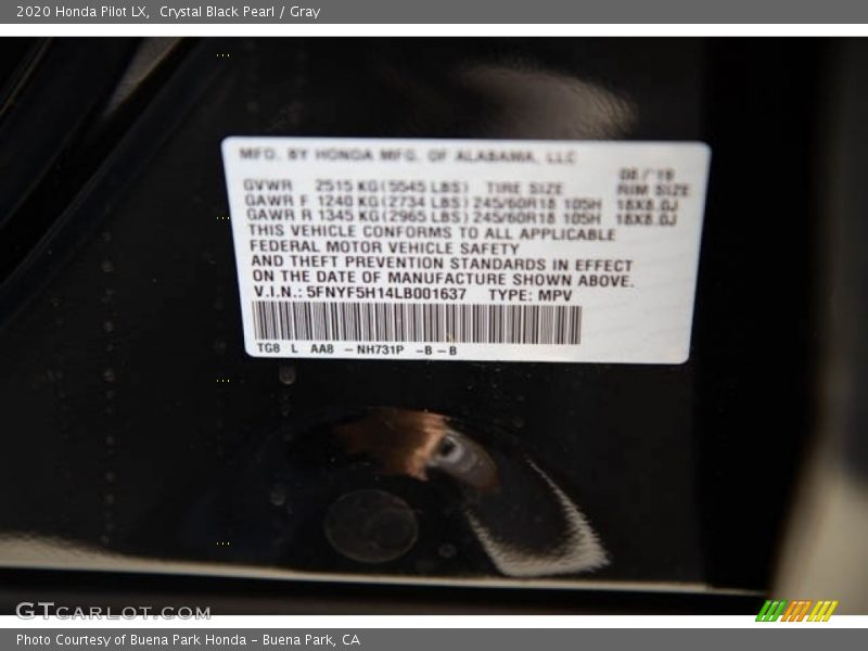 Crystal Black Pearl / Gray 2020 Honda Pilot LX