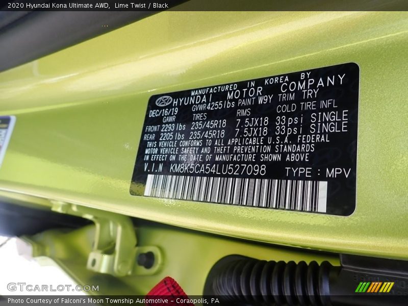 2020 Kona Ultimate AWD Lime Twist Color Code W9Y