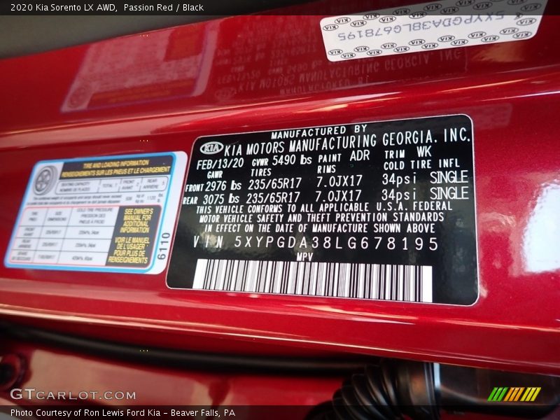2020 Sorento LX AWD Passion Red Color Code ADR