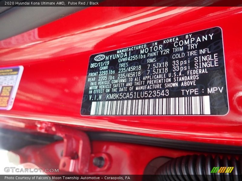 Pulse Red / Black 2020 Hyundai Kona Ultimate AWD
