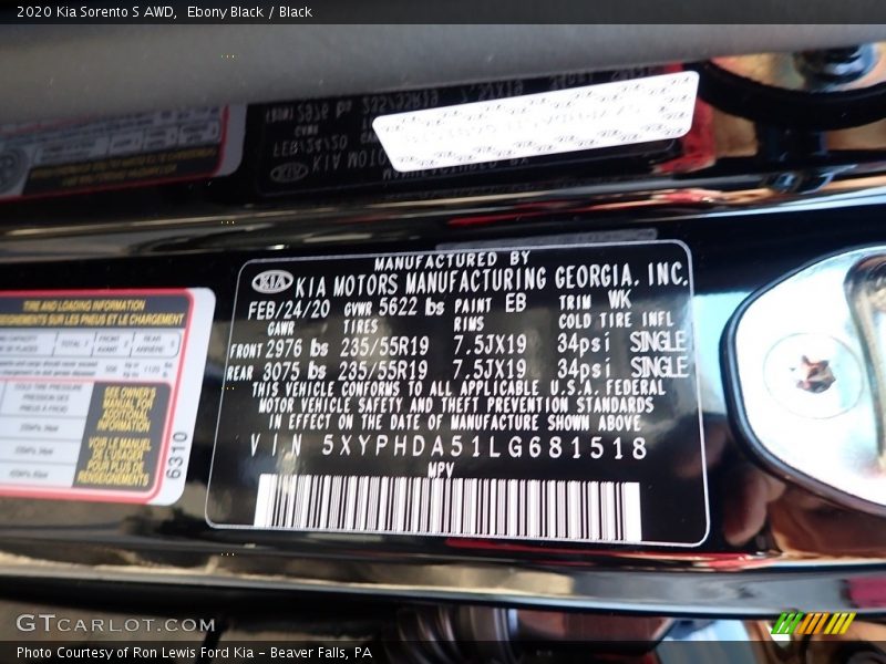 Ebony Black / Black 2020 Kia Sorento S AWD