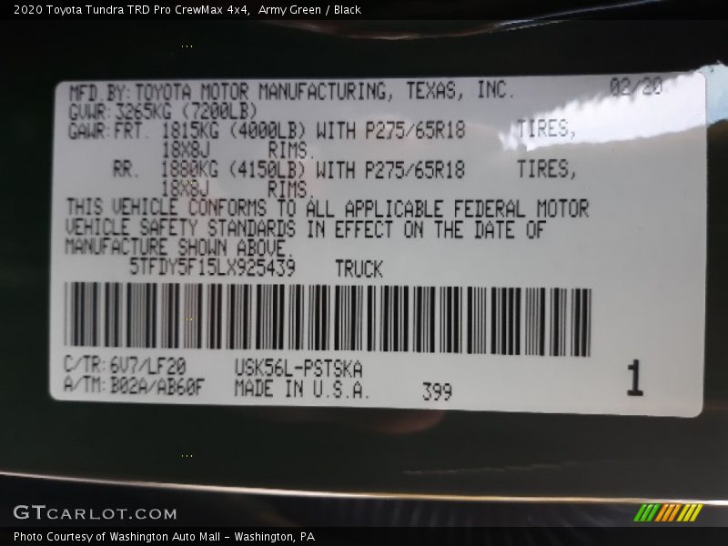 2020 Tundra TRD Pro CrewMax 4x4 Army Green Color Code 6V7