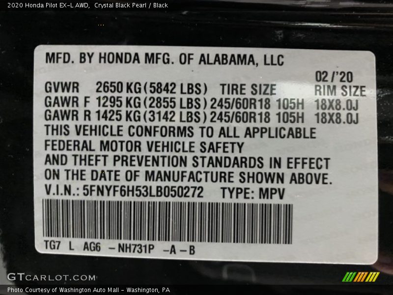 Crystal Black Pearl / Black 2020 Honda Pilot EX-L AWD