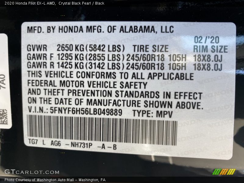 Crystal Black Pearl / Black 2020 Honda Pilot EX-L AWD
