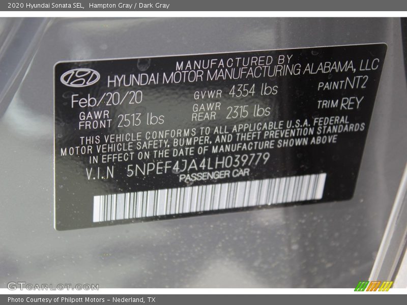 Hampton Gray / Dark Gray 2020 Hyundai Sonata SEL