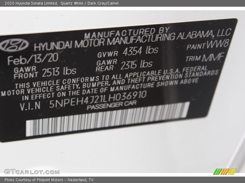 Quartz White / Dark Gray/Camel 2020 Hyundai Sonata Limited