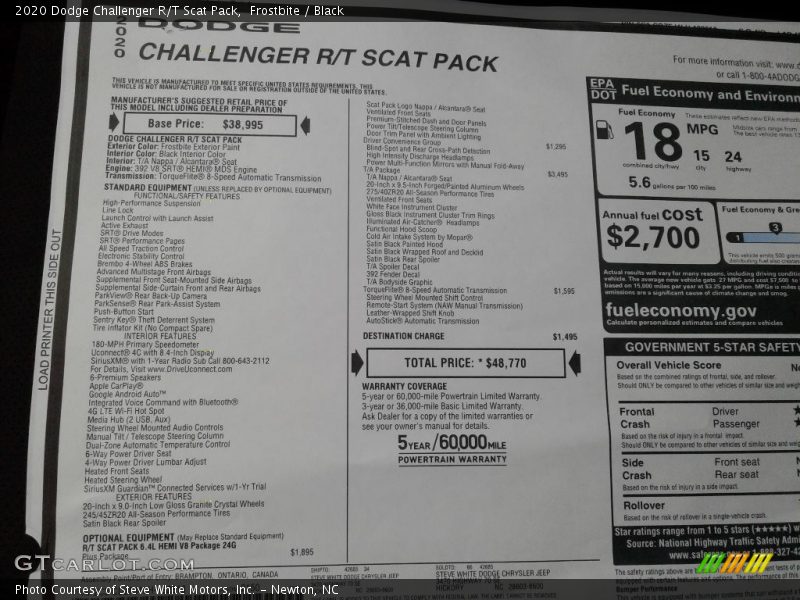  2020 Challenger R/T Scat Pack Window Sticker