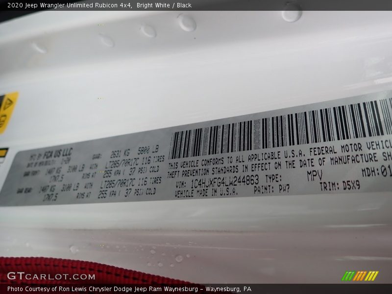 2020 Wrangler Unlimited Rubicon 4x4 Bright White Color Code PW7