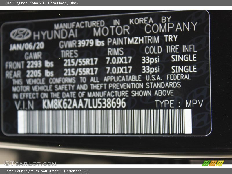 Ultra Black / Black 2020 Hyundai Kona SEL