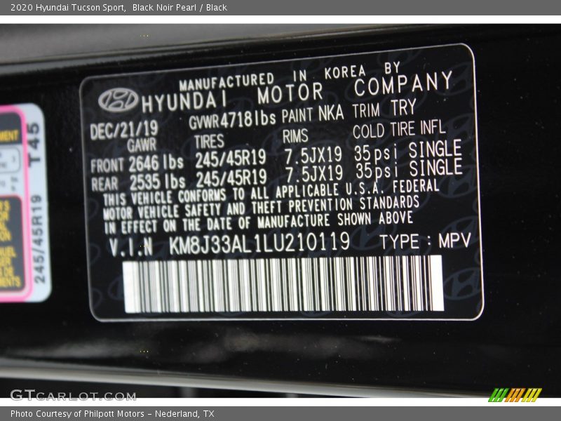 Black Noir Pearl / Black 2020 Hyundai Tucson Sport