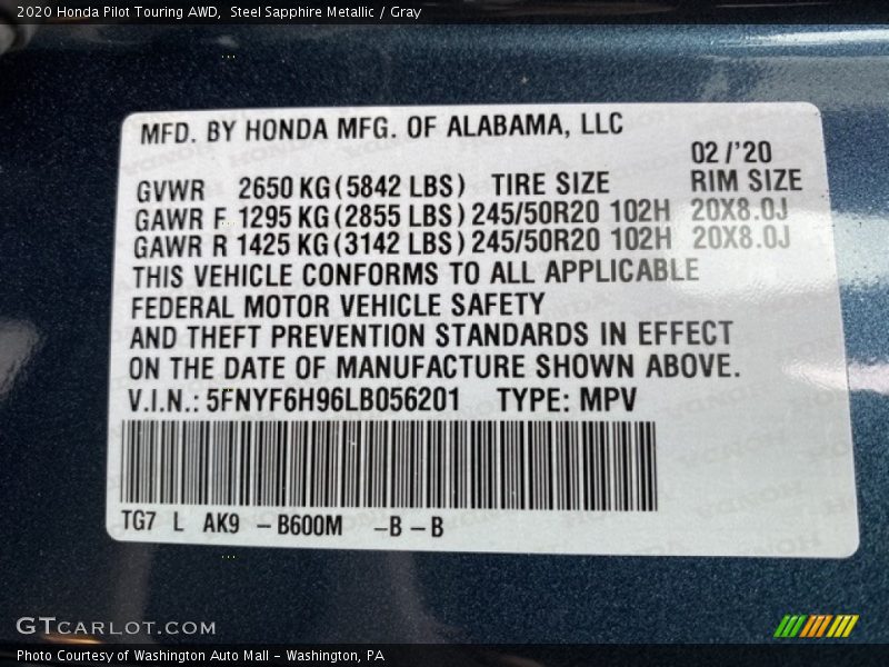 Steel Sapphire Metallic / Gray 2020 Honda Pilot Touring AWD