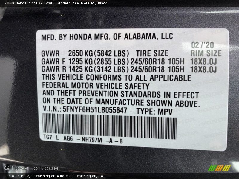 Modern Steel Metallic / Black 2020 Honda Pilot EX-L AWD